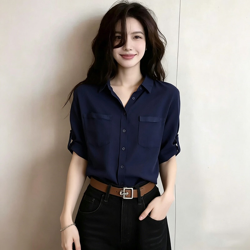 Plus-Size Navy Blue Polo Collar Short-Sleeve Shirt for Women, Summer, for Curvy Women, Stylish, Slimming, Unique Design, Short Top Plus-Size Navy Blue Polo Collar Short-Sleeve Shirt for Women, Summer, for Curvy Women, Stylish, Slimming, Unique Design, Short Top