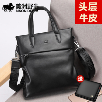 Americas Wild Bull Genuine Leather Mens Single Shoulder Bag Hand Briefcase Backpack Headlining Cow Leather Large Capacity Vertical Diagonal Satchel