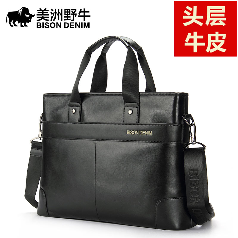 Americas Bison Bull Men's Briefcase Genuine Leather Skew Satchel 2022 New Large Capacity Laptop Carry-on Bag