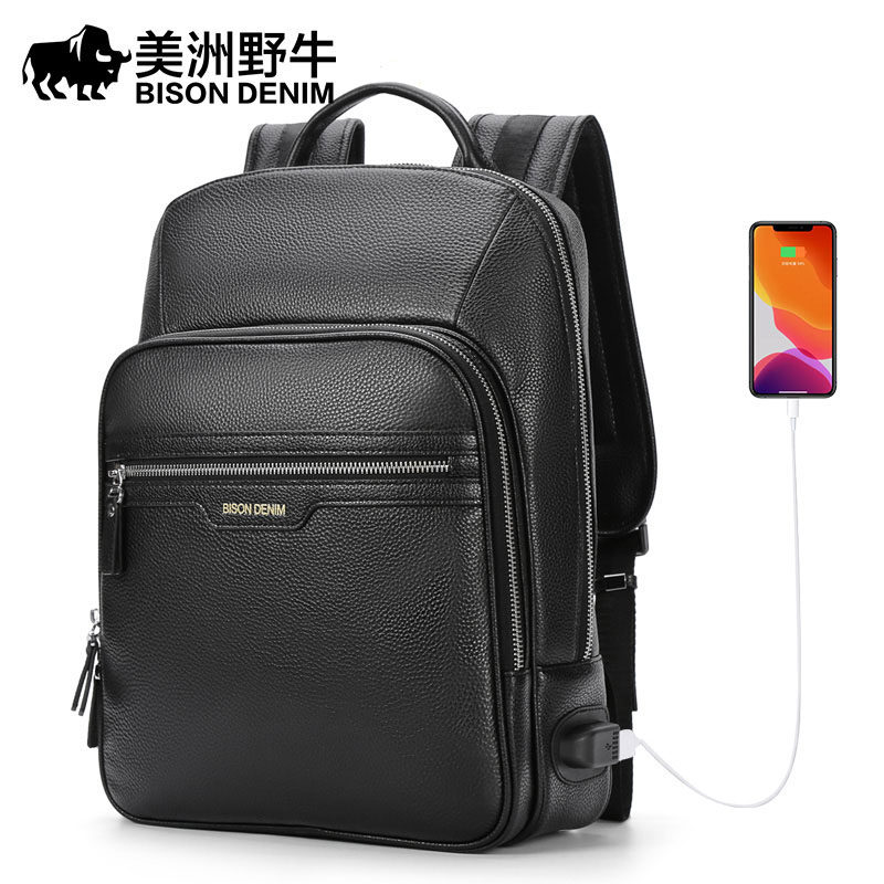 Americas Wild Bull Dermis Real Leather Men's Double Shoulder Bag Headlayer Beef Leather College High School High School Schoolbags Business 14 Inch Computer SHOULDER BAG