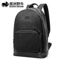 Americas Bison Bull Mens Double Shoulder Bag Genuine Leather Head Layer Bull Peel Large Capacity 15 6 Inch Computer Bag Travel Carry-on Backpack