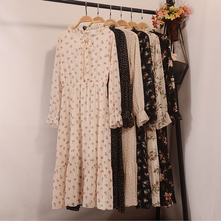 2023 New Spring Floral Chiffon Dress Fishtail Skirt Spring and Autumn Long-Sleeved Printed Women's Over-The-Knee Super Fairy Mid-Length Style