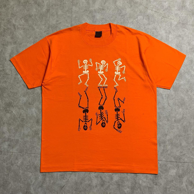 Wang Youbing Studio Dirty Orange T-Shirt Dancing Skeleton Mirror Design Halloween Dark Subculture Short Sleeve