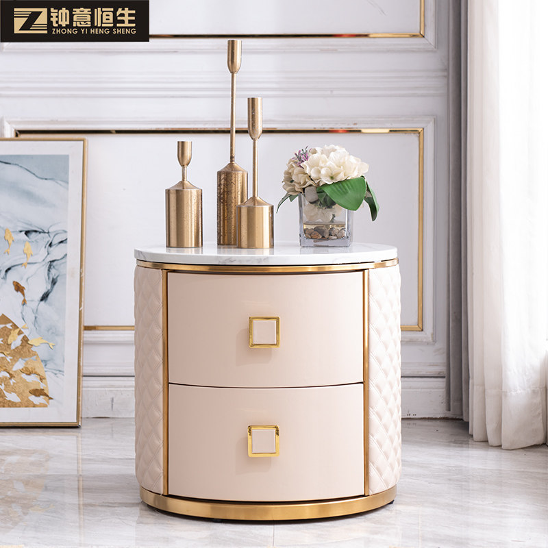 Bedside table round modern minimalist Italian light luxury marble slab solid wood palpable leather free installation egg-shaped customization