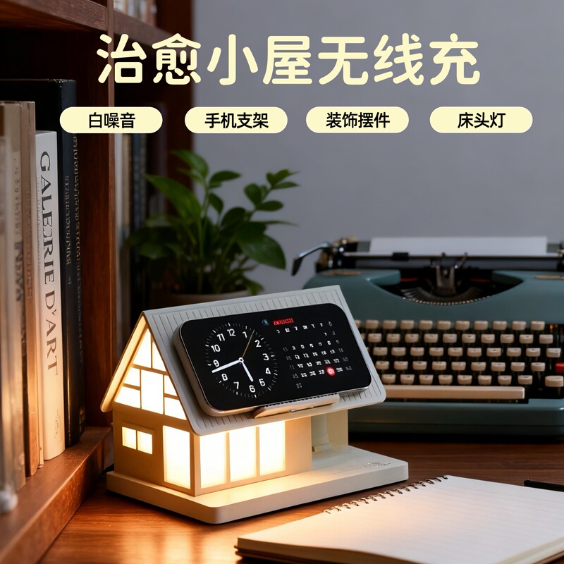 Creative Small House White Noise Wireless Charging Phone Stand Base Desktop Charging Station Ornament Night Light Suitable for Apple Huawei Oppo Xiaomi Samsung iPhone 17 Fast Charging
