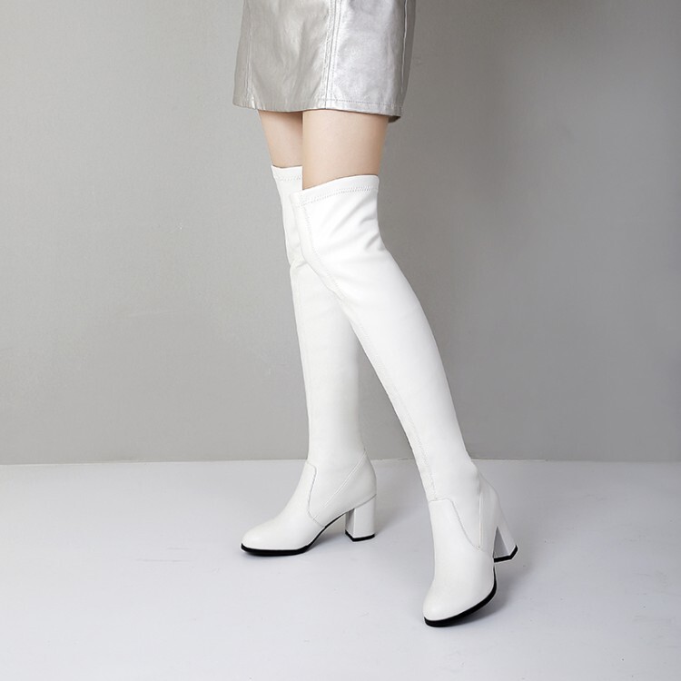 32-43 Over-The-Knee Boots for Women, White Chunky Heel, New Style, Fleece-Lined, High Boots, Long Boots for Petite Women with Thick Legs, Riding Boots for Women