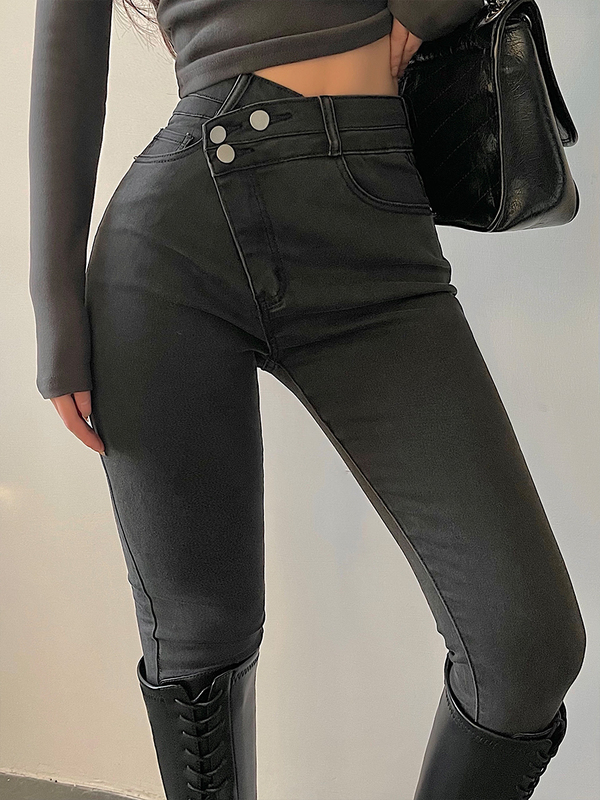 Younggirlday European and American Style High-Waisted Irregular Fit Skinny Slimming Stretchy Pencil Jeans Long Pants