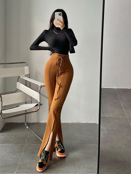 YoungGirlDay Europe and the United States high-waisted slim fit and thin straps waistband front slit slightly flared trousers mopping trousers