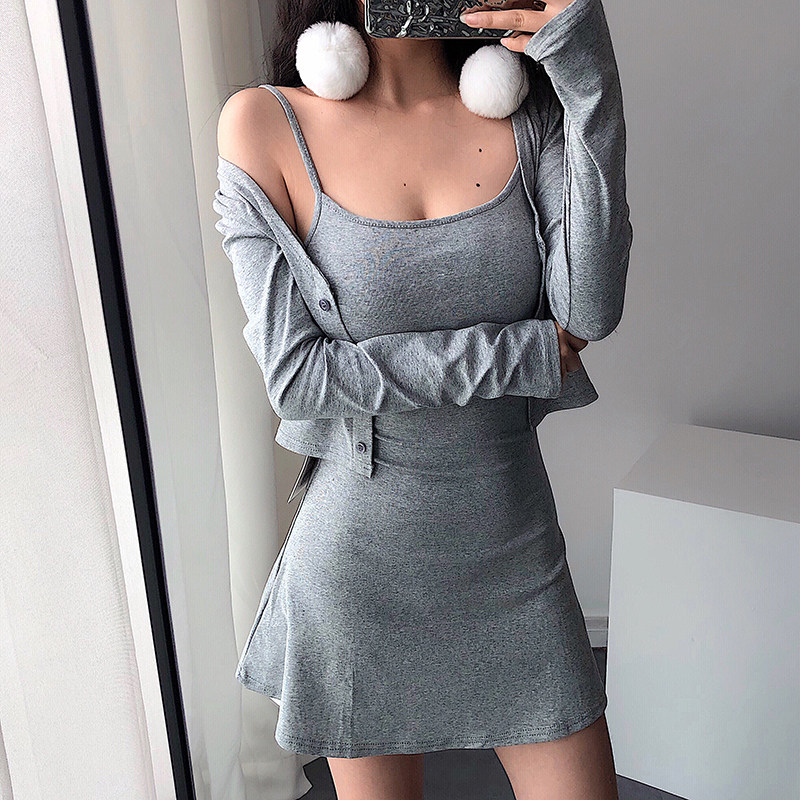 YoungGirlDay2022 Europe and the United States sexy slim slim short suspender dress long-sleeved cardigan two-piece