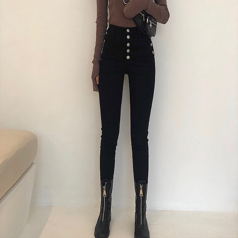 YoungGirlDay European and American single-breasted high-waisted slim fit skinny skinny feet elastic pencil nine-point jeans