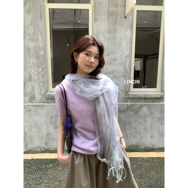 The Lemon Thirteen Lines Women's Korean Style Lazy and Relaxed 95% Wool Round Neck Short Sleeve Sweater Purple Top The Lemon Thirteen Lines Women's Korean Style Lazy and Relaxed 95% Wool Round Neck Short Sleeve Sweater Purple Top