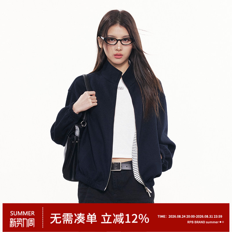 Rpb Brand Old Money Style Retro Stand Collar Short Jacket Women's Loose Bomber Jacket Cool Casual Style Top Rpb Brand Old Money Style Retro Stand Collar Short Jacket Women's Loose Bomber Jacket Cool Casual Style Top