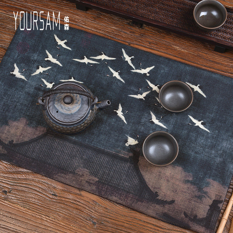 Ruihetu small tea shop tea mat Zen fabric table flag new Chinese tablecloth cotton linen Dirt-resistant tea mat drinking tea table mat