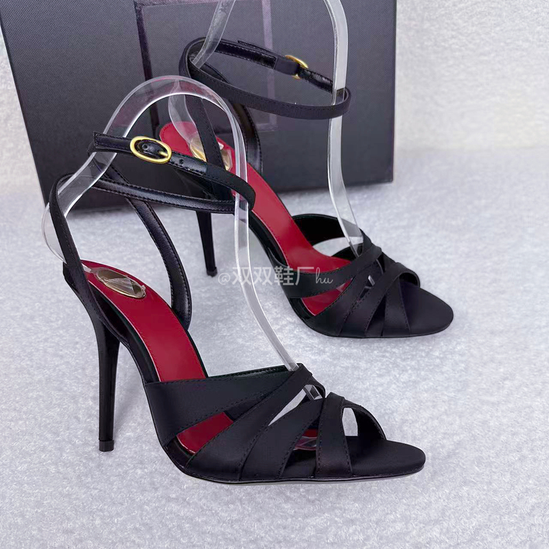 Silk Satin Sandals, Fashionable Sandals, Slip-On Sandals, Same Style as Yang Shulin, Round Toe, Sexy Cross-Strap High-Heeled Sandals
