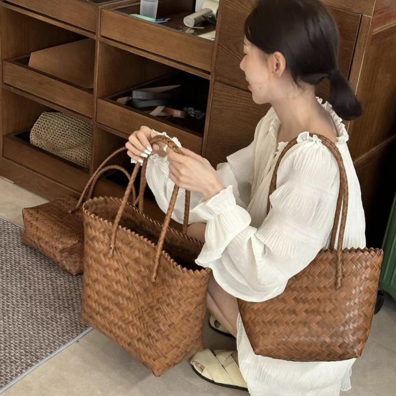 Bamboo Woven Vegetable Basket, Popular Large-Capacity Retro Imitation Rattan Shoulder Tote, Hand-Woven Bag, Shopping Bag, Women's Bag