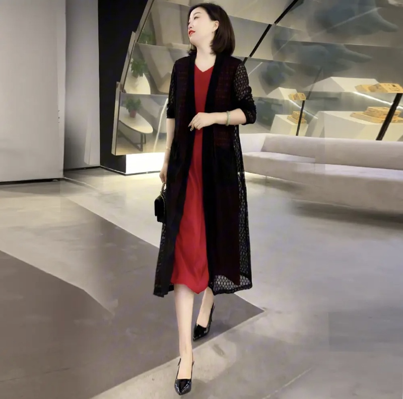 New Autumn Fashion Sun Protection Clothing Long-Sleeved Cardigan Long Over-The-Knee Hollow Mesh Shawl Jacket to Block the Sun