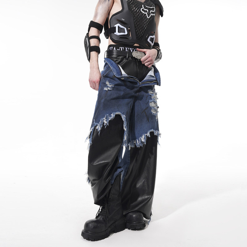 See Fake Two-Piece Patchwork Leather Cool Street Style Jeans for Men Summer Hand-Painted Lettering Distressed Frayed Hem Ripped Straight-Leg Pants See Fake Two-Piece Patchwork Leather Cool Street Style Jeans for Men Summer Hand-Painted Lettering Distressed Frayed Hem Ripped Straight-Leg Pants