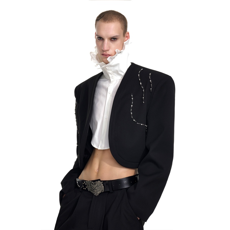 Startexceedend Black Rhinestone Short Blazer for Men, Autumn Men's Collarless Shoulder-Padded Suit Startexceedend Black Rhinestone Short Blazer for Men, Autumn Men's Collarless Shoulder-Padded Suit