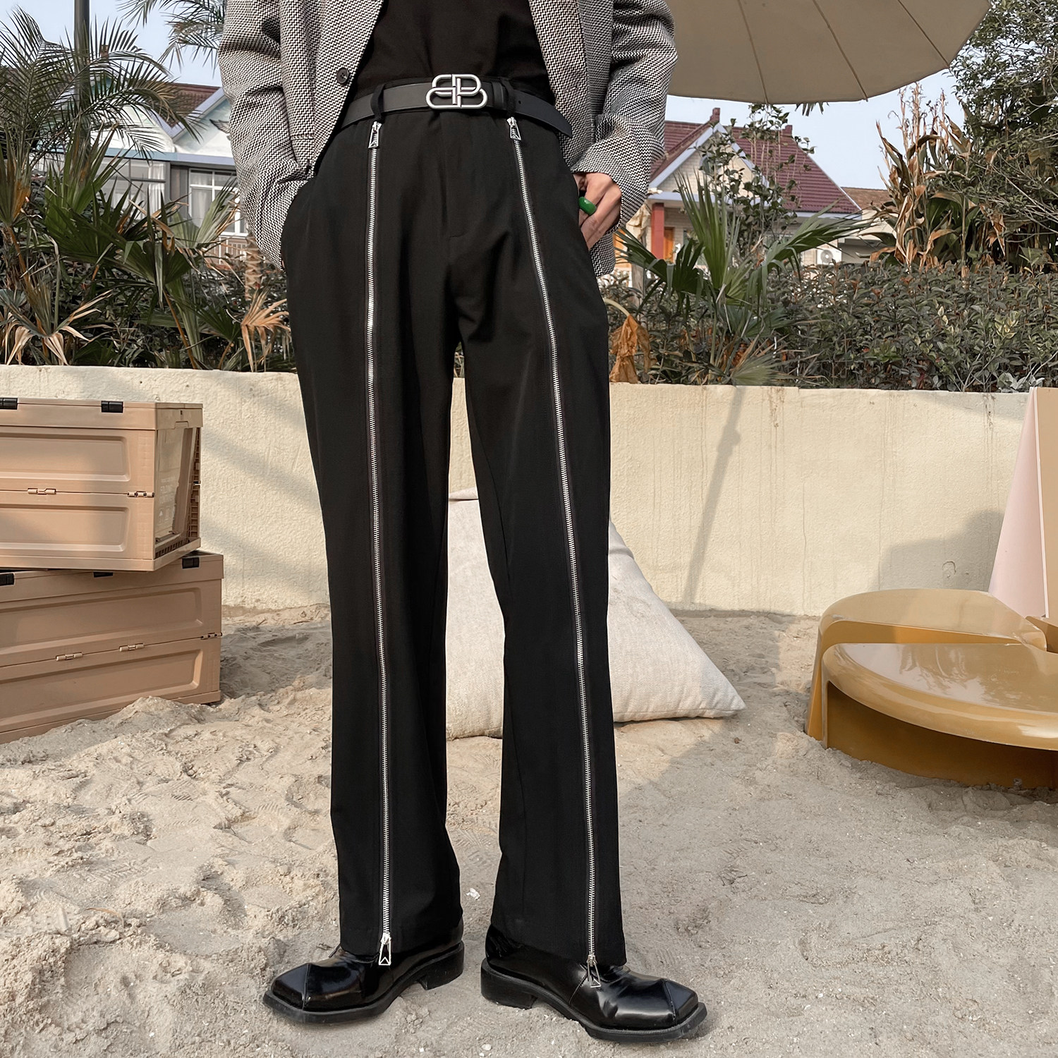 Niche design high-end men's pants Spring new men's black tide brand micro-flare pants zipper decorative casual pants