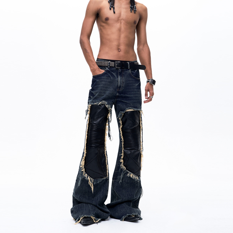 Startexceedend American Retro Patchwork Denim Pants for Men, Washed Distressed Frayed Wide-Leg Floor-Length Pants