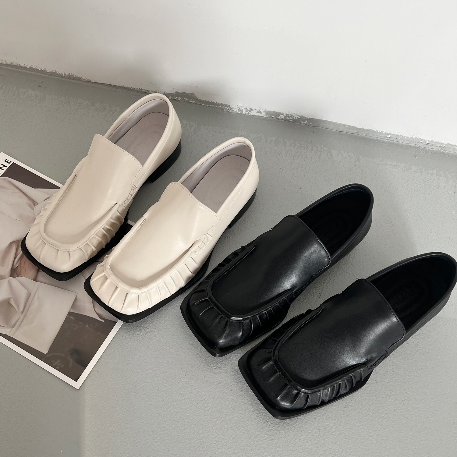 Square head leather shoes Men's small crowd High level Inn comeback Foot Pedal Low Bunch Shoes Men Soft Bull Leather Lefu Shoe Tide