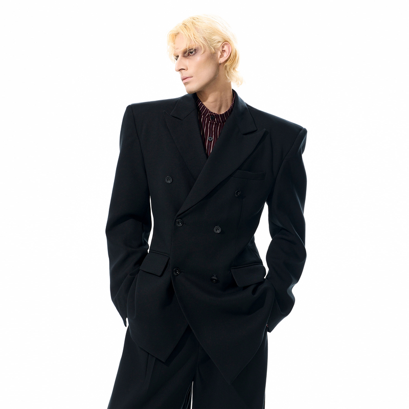 See High-End Wool Tencel Shoulder-Enhancing Blazer for Men, Autumn Season, Structured Men's Waist-Cinching Suit with Detachable Leather Collar