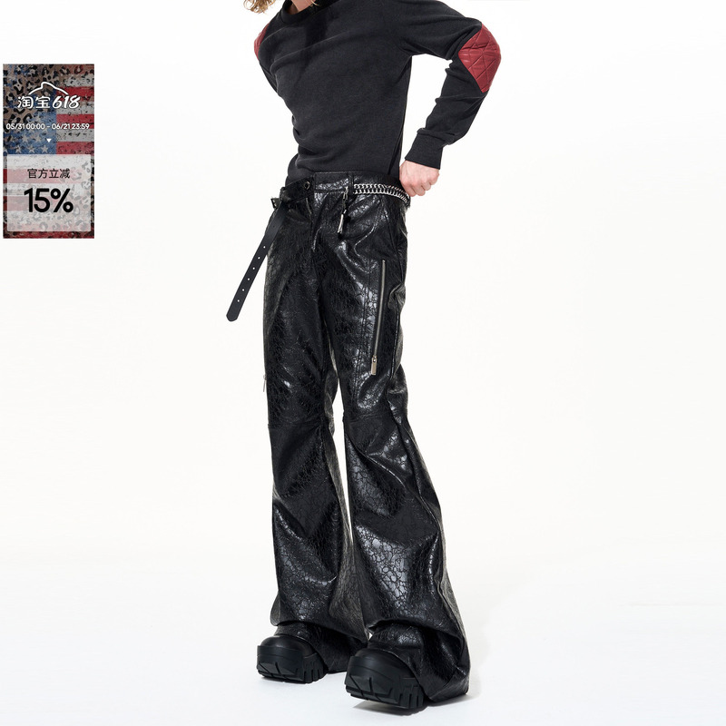 Startexceedend Dark Textured Micro-Flared Leather Pants for Men, Autumn and Winter Metal Zipper Men's Pu Leather Bell-Bottom Pants