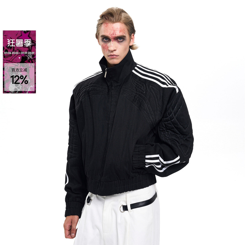 Startexceedend Four-Stripe Black Raw Leather Jacket for Men Early Autumn Patchwork Stand Collar Cardigan Top Startexceedend Four-Stripe Black Raw Leather Jacket for Men Early Autumn Patchwork Stand Collar Cardigan Top