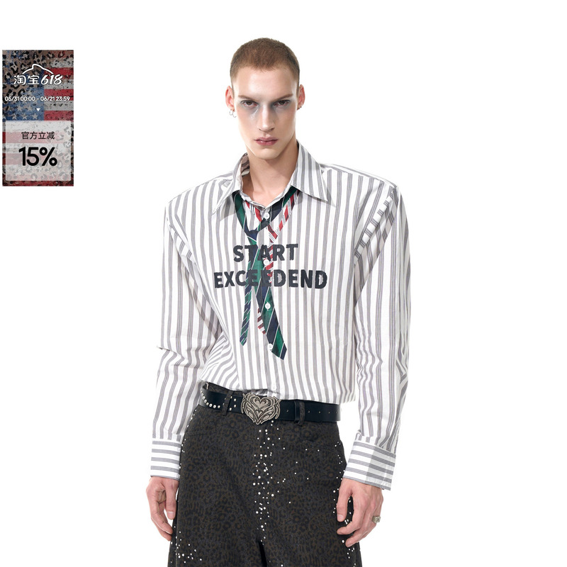[Same Style as Liu Yun Ning] Vertical Striped Tie Print Long-Sleeve Shirt for Men, Autumn Loose Shoulder-Padded Shirt for Boys