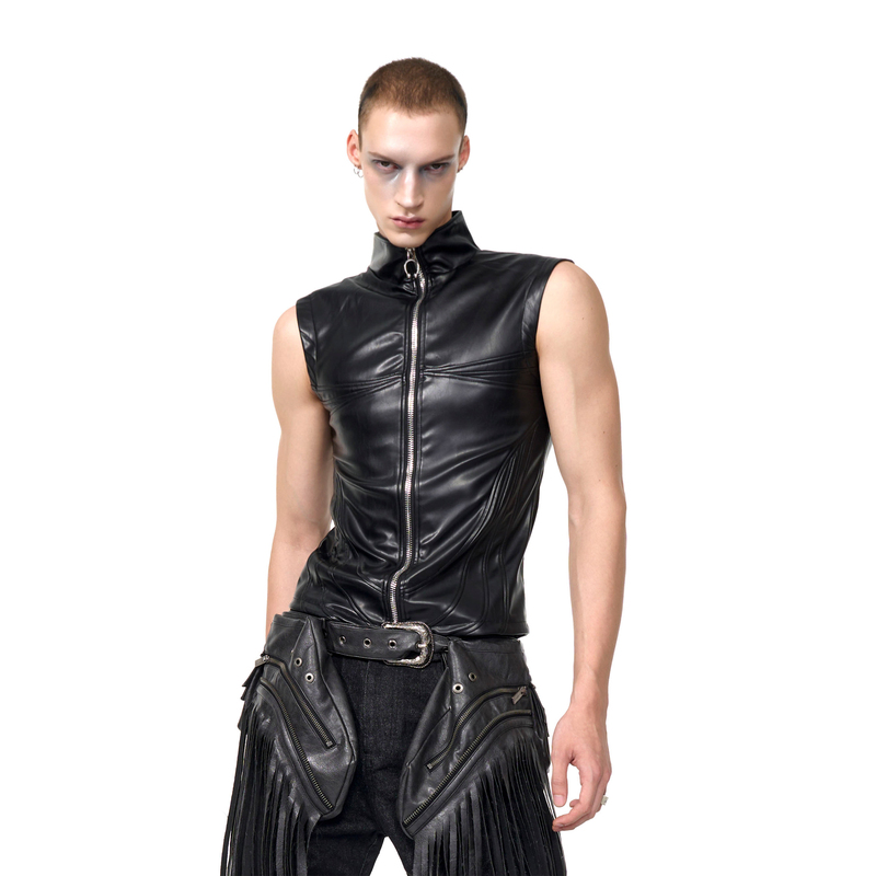 See Black Tight-Fitting Pu Leather Vest Jacket for Men, Autumn Niche Stand-Up Collar Zipper Sleeveless Vest Biker Jacket