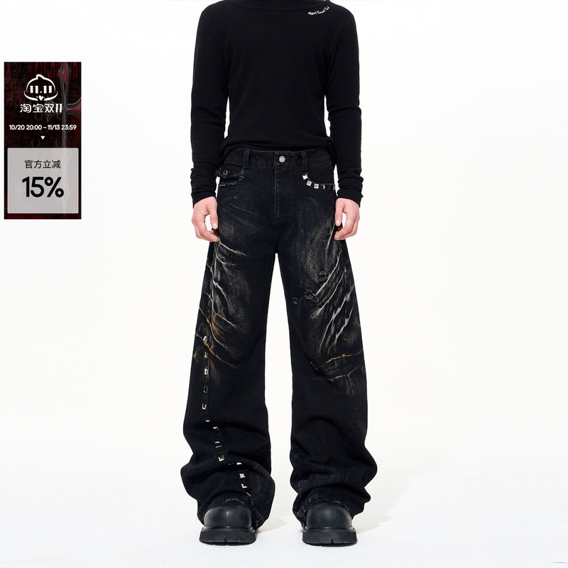 See【Lei Songran's Style】Vintage Washed Distressed Whiskered Denim Jeans for Men, Autumn and Winter Studded Design Wide-Leg Pants See【Lei Songran's Style】Vintage Washed Distressed Whiskered Denim Jeans for Men, Autumn and Winter Studded Design Wide-Leg Pants