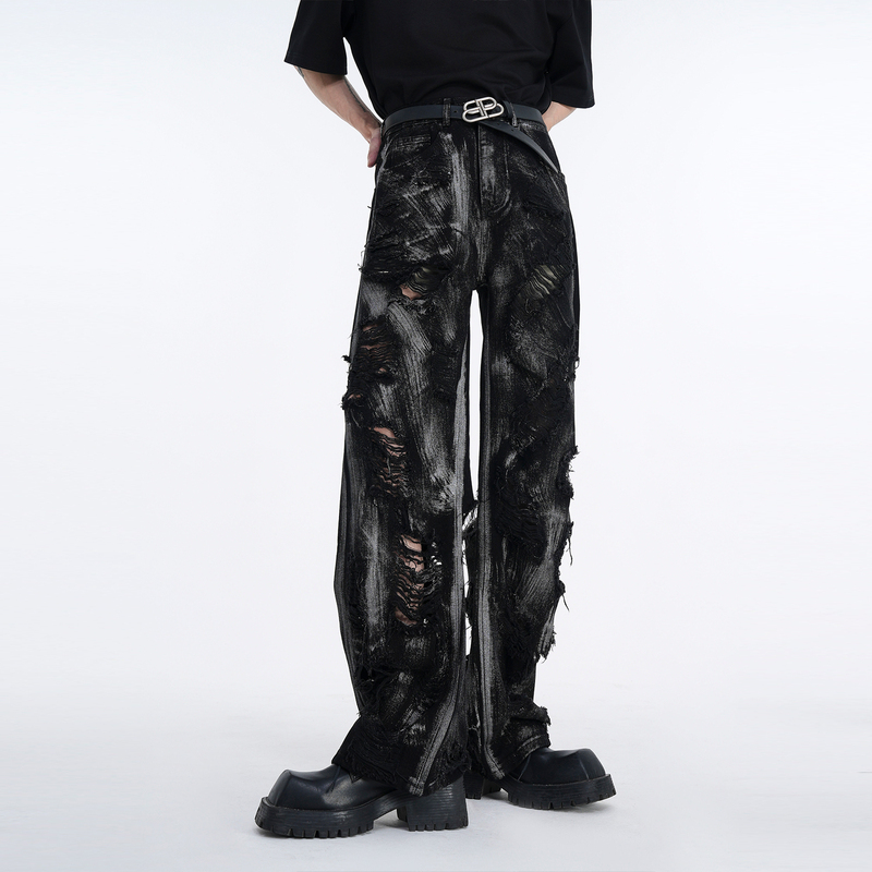 Black Distressed Jeans for Men, American High Street Wasteland Style, Heavy Washed Graffiti Men's Niche Straight-Leg Pants