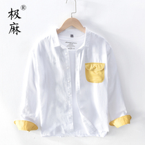 Extreme hemp Japanese fresh contrast color long sleeve cotton shirt mens retro casual youth breathable loose linen shirt