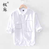 Extremely Hemp Embroidered 50% Middle Sleeve Cotton Linen Shirt Men Summer Large Yard Casual Youth Loose Half Sleeve Linen Shirt