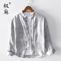 Phemp vintage plaid collar autumn long sleeve linen shirt mens large size casual loose cotton linen shirt coat