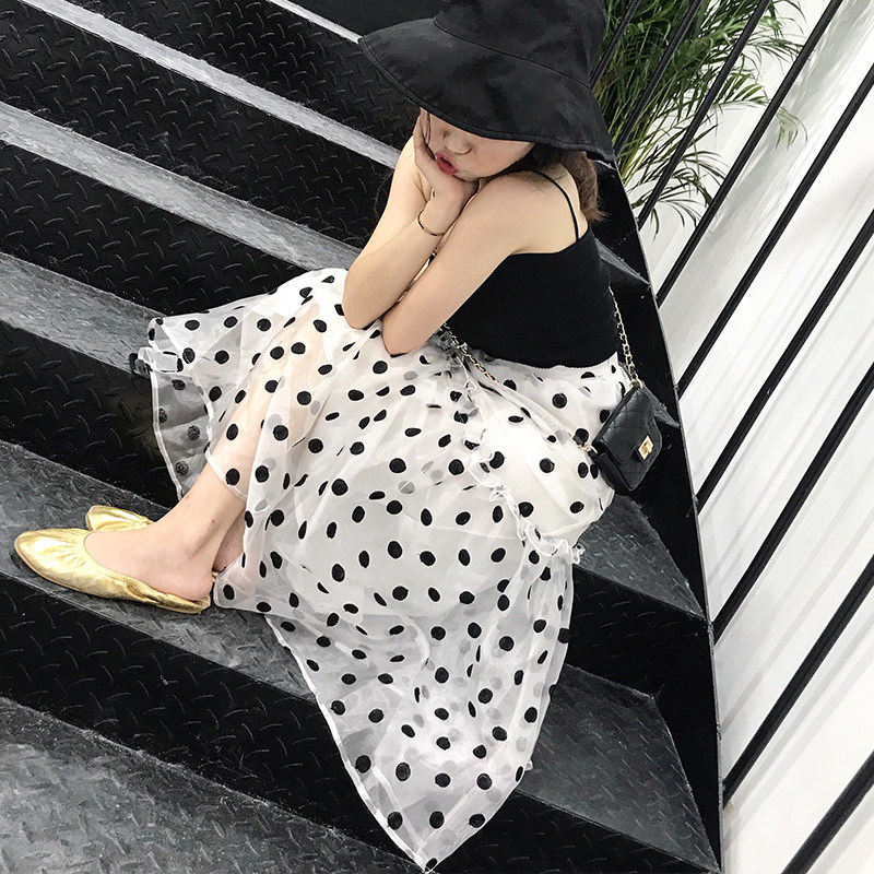 Embroidered polka dot skirt summer women 2019 new high waist slim gauze skirt mid-length white skirt