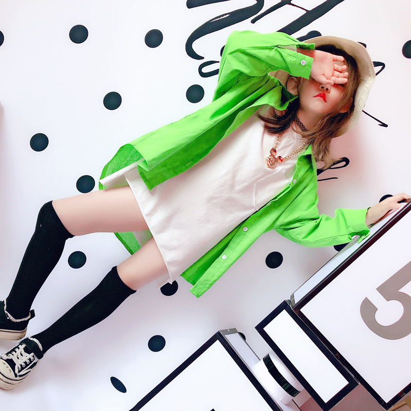 Girl Spring Autumn Long Version Shirt 2022 New Korean Version Girl Foreign Pie Shirt CUHK Child Casual Loose two sets