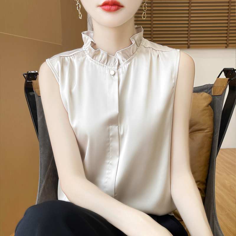 2025 Summer New Acetate Satin Sleeveless Vest for Women with Ruffled Edges, Inner Layering Top, Round Neck, Ruffle Collar Blouse