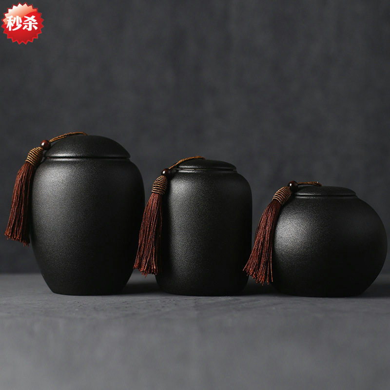 Black pottery tea tank sealing tank creative retro storage tank household tea cans with tea cans Chinese Pu'er