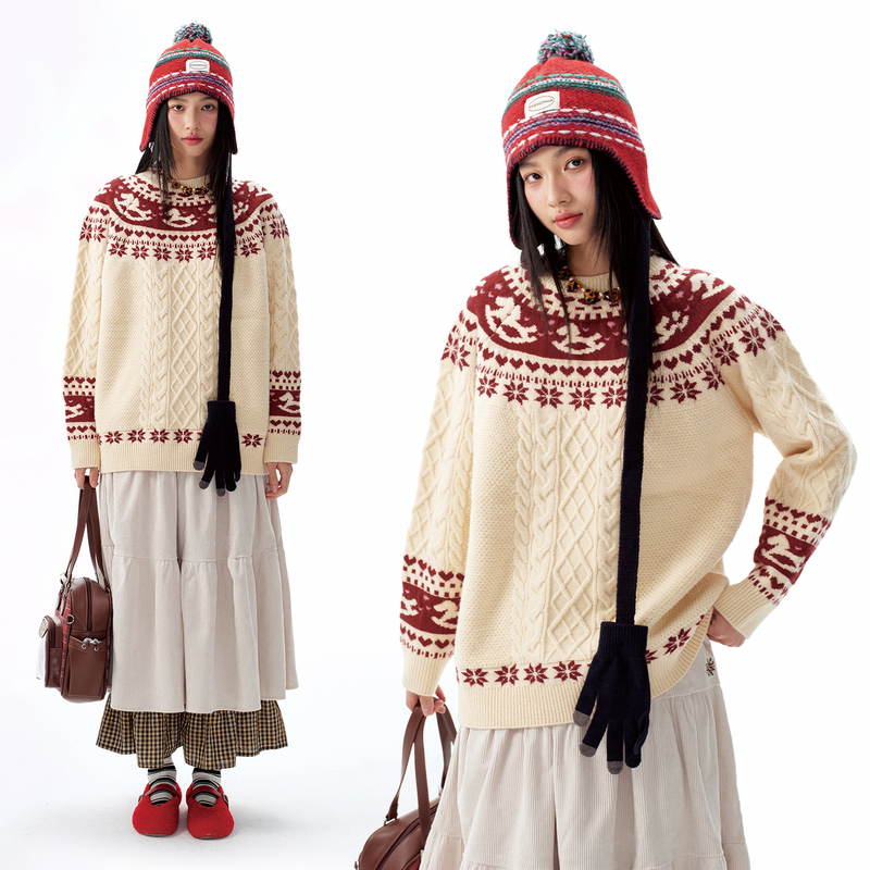 Bipolar【New Year and Christmas Edition】Pony Fair Isle Cable Knit Crew Neck Sweater Loose and Versatile Couple's Top