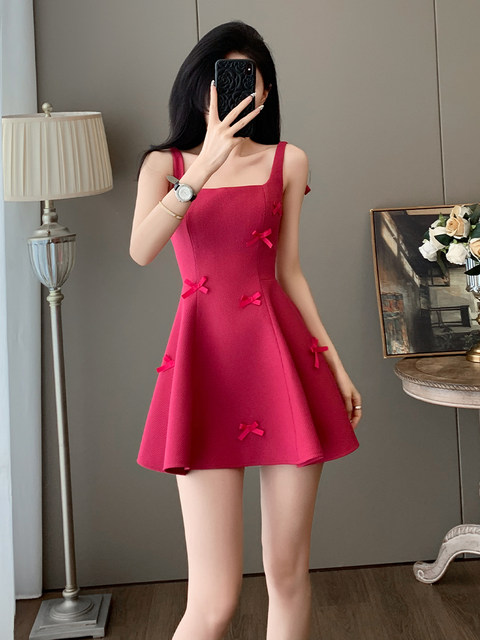 Summer Youthful and Fashionable Sweet Little Fragrance Style Pure and Sexy Off-Shoulder Dress for Women, French Bow Strap Dress