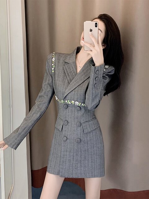 French-Style High-End Elegant Waist-Cinching Double-Breasted Blazer Dress, Niche Mature Lady Style Long-Sleeve Designer Dress with a Sense of Sophistication