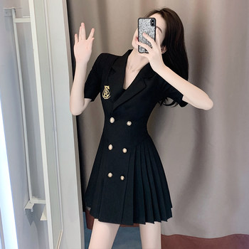 Summer Petite French-Style Suit Dress for Women, Summer Preppy Style, Elegant Waist-Cinching Pleated Suit Dress