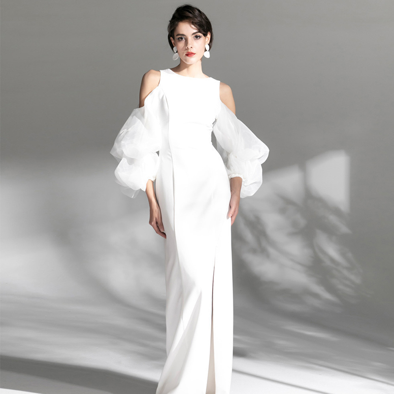 French-Style White Off-Shoulder Long Slit Evening Dress for Banquets, Annual Meetings, Birthday Hosting, Slimming Puff Long-Sleeve Satin Evening Gown