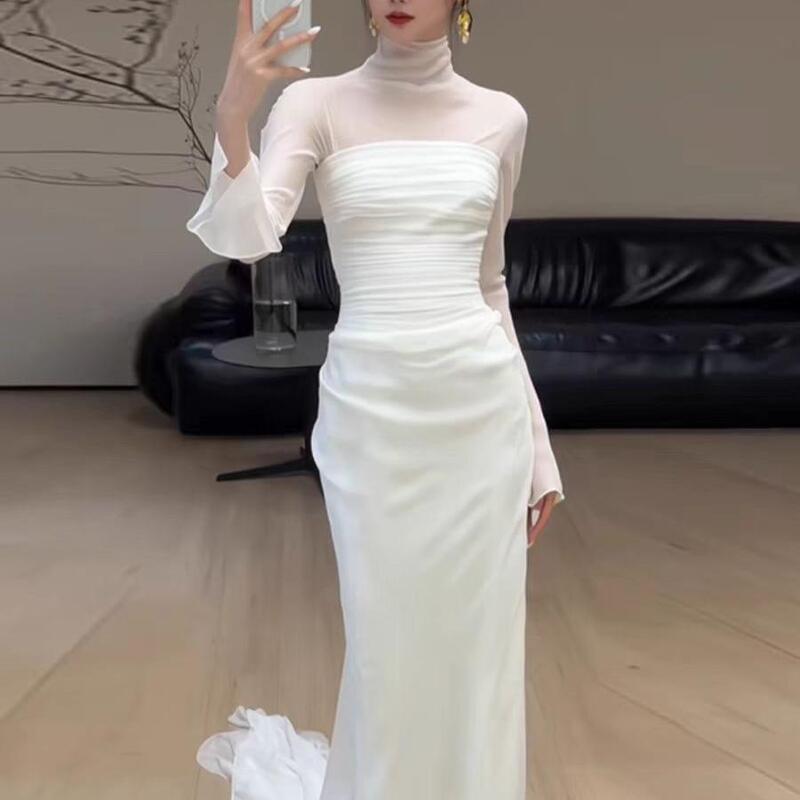 French-Style White Long-Sleeved Satin Light Wedding Dress, Super Fairy-Like for Banquets, Annual Meetings, Going Out, Welcoming Guests, Bride's Toast, Evening Dress