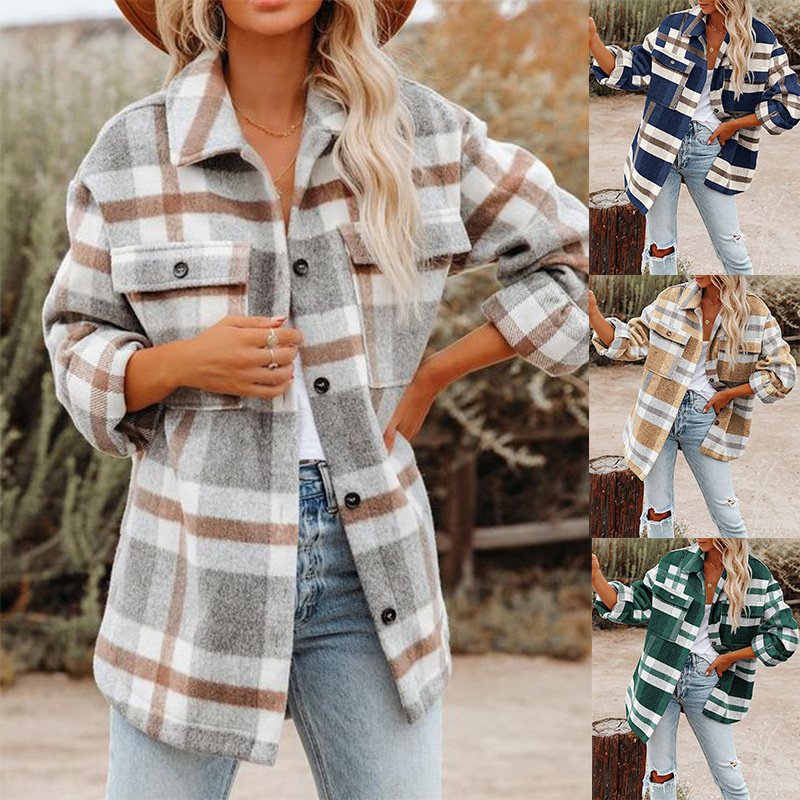 Lady Coat 2023 Amazon Cross-Border European and American Amazon Plaid Buttoned Flannel Woolen Shirt Jacket Lady Coat 2023 Amazon Cross-Border European and American Amazon Plaid Buttoned Flannel Woolen Shirt Jacket