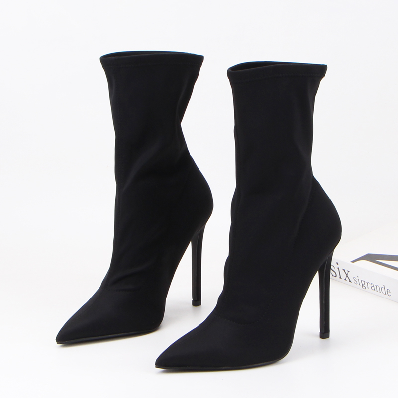 Exported to the Uk Original Slim Boots Black Pointed Toe Satin Stretch Fabric Slip-On Stiletto Women's Boots Charming Fashion Boots for Women