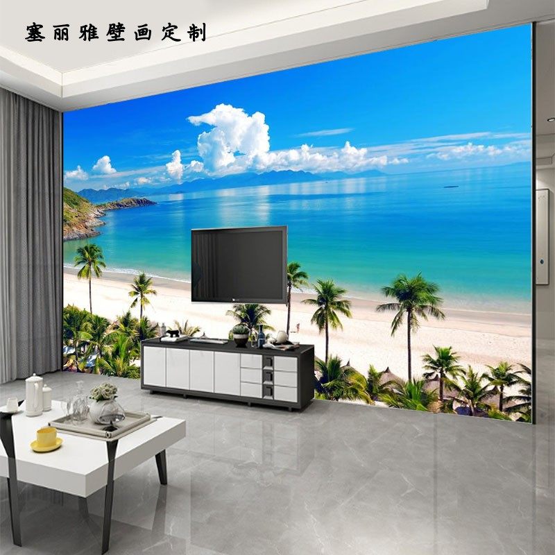 大海海洋风景自然风光海景沙滩海边蓝天白云墙纸浪漫现代简约壁画