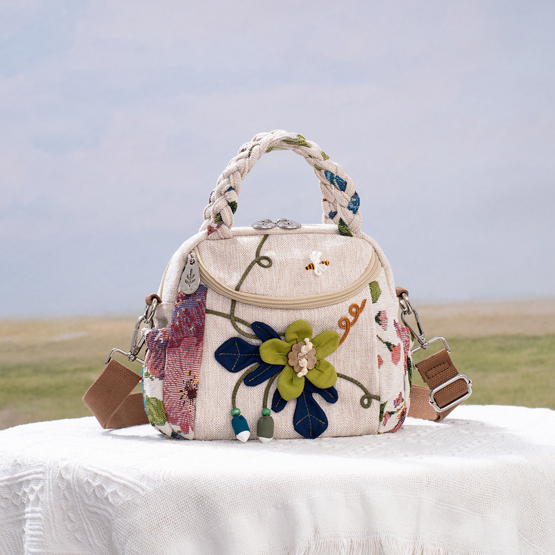 Ethnic Style Cotton and Linen Hand-Embroidered Floral Handbag for Women, Artistic and Fresh Woven Crossbody Bag for Middle-Aged Mothers Commuting to Work