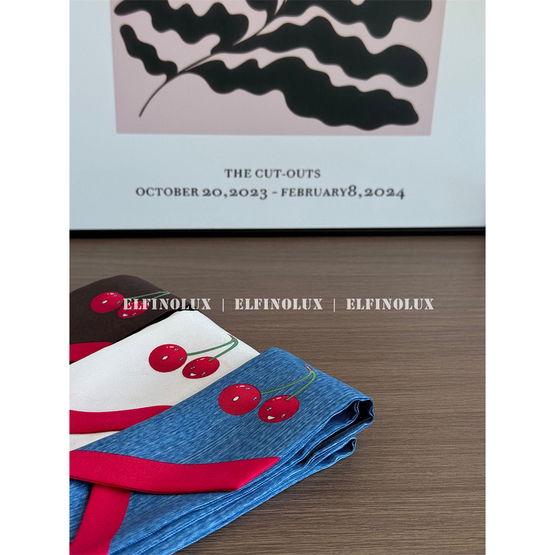 Elfinolux Murakami Takashi's New Cherry Double-Sided Printed Ribbon Hair Tie Small Accessory Women's Scarf Silk Scarf